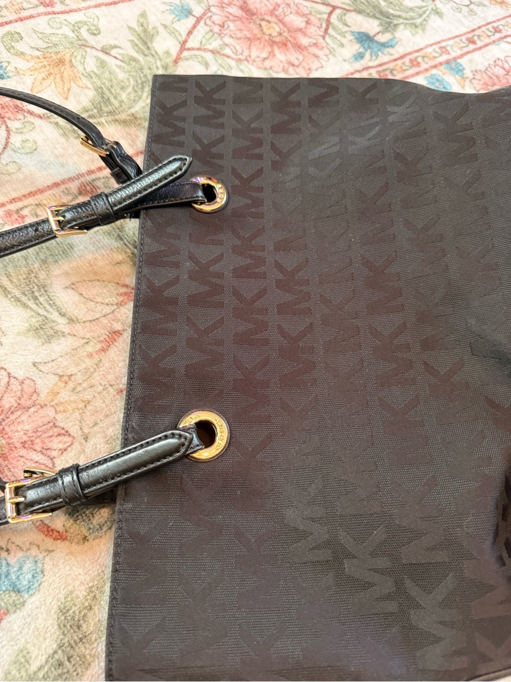 Michael Kors Black MK Monogram Tote with Gold Charm - Picture 5 of 7